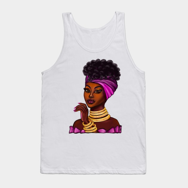 Queen Black is beautiful anime manga black girl with Gold bangles, neck ring necklace, purple dress and head wrap, brown eyes and dark brown skin ! Tank Top by Artonmytee